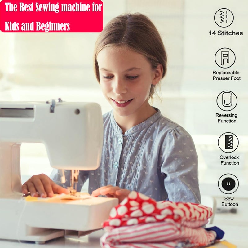 Dechow Sewing Machine for Beginners, Electric Mini Portable, 14 Built-in Stitches with Reverse Sewing, 2 Speeds Double Thread with Foot Pedal, Storage Bag, Cotton Fabric and Threads- Extension Table - Image 2
